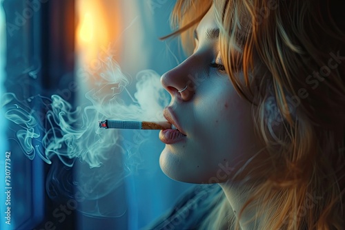 A woman is captured smoking a cigarette, the tendrils of smoke curling around her in a moment of contemplation or relaxation.