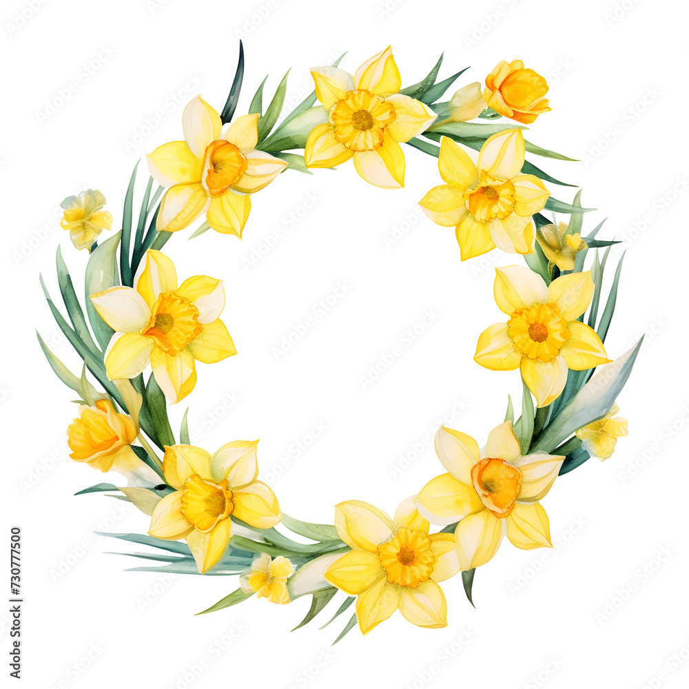 Watercolor circle frame of yellow Daffodils flowers clipart painting illustration element for card print cover design