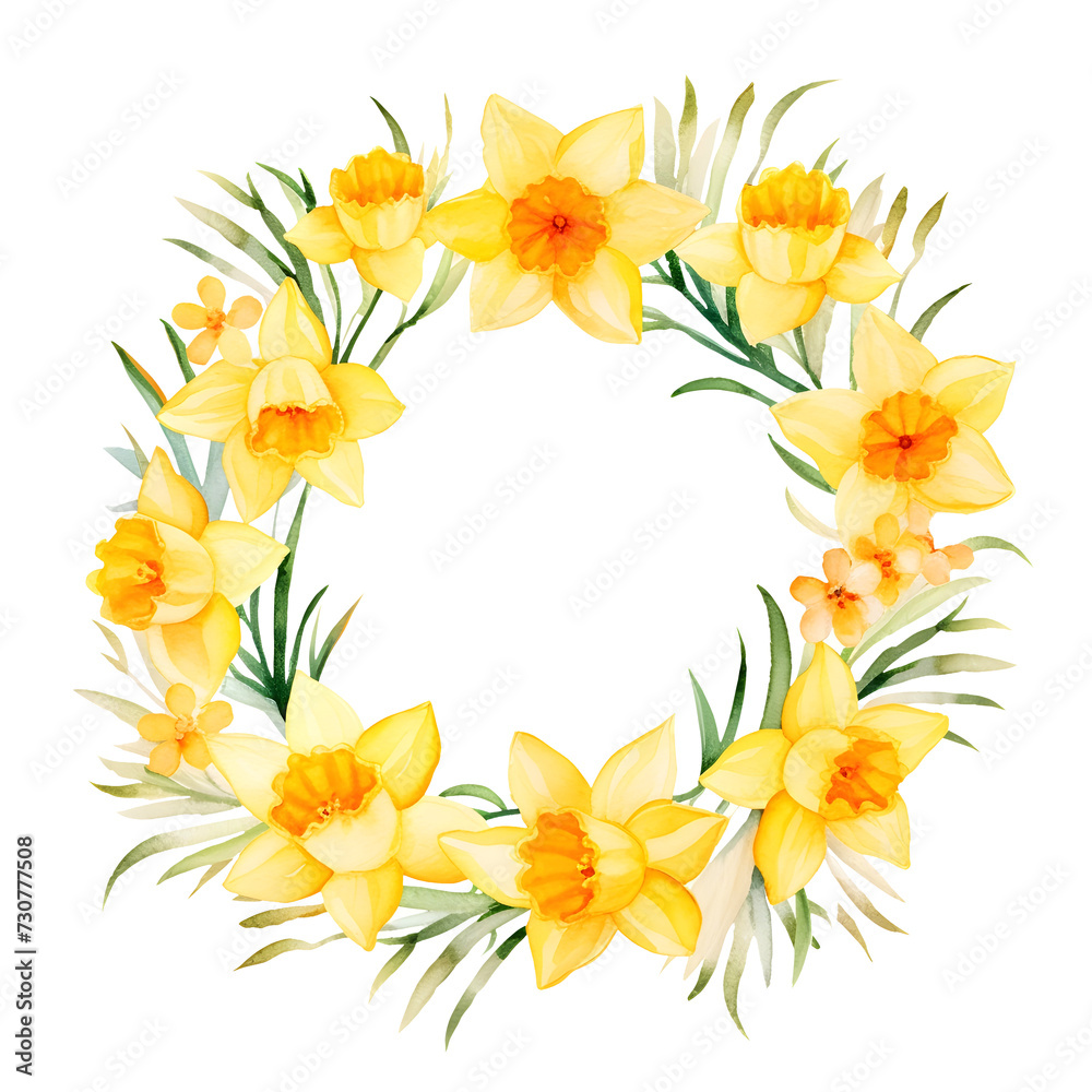 Watercolor spring wreath with yellow Daffodils flowers and green leaves element clipart illustration