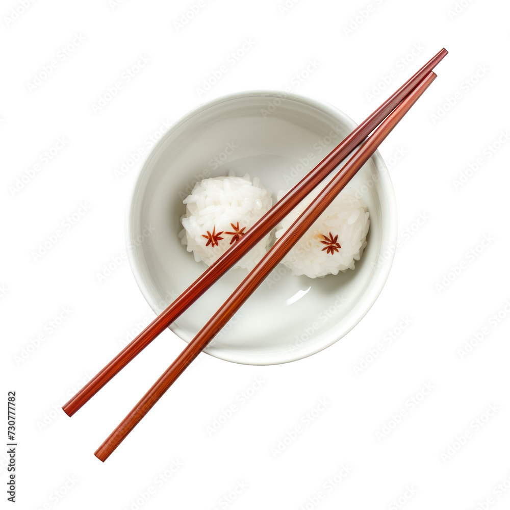 Bowl with boiled white rice and chopsticks on white background Bowl with boiled white rice and chopsticks on white background