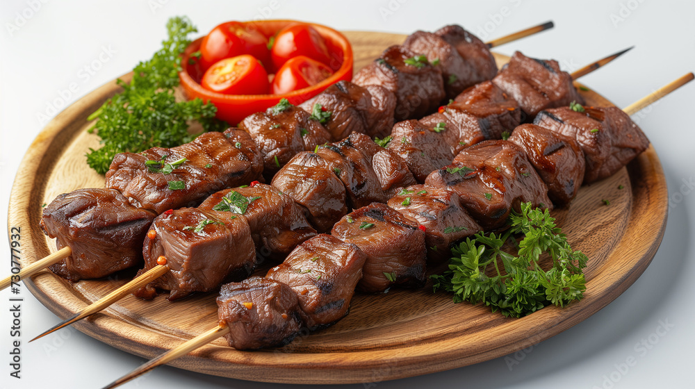 Delicious beef skewers, grilled, wood plate or tray. Isolated white background, Brazilian traditional 