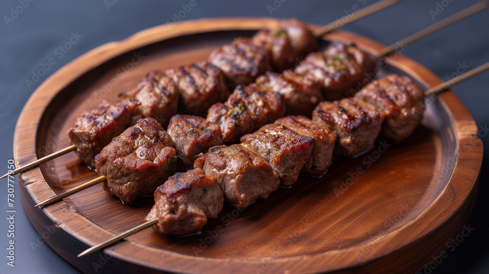 Delicious beef skewers, grilled, wood plate or tray. Isolated white background, Brazilian traditional Delicious beef skewers, grilled, wood plate or tray. Isolated white background, Brazilian traditional