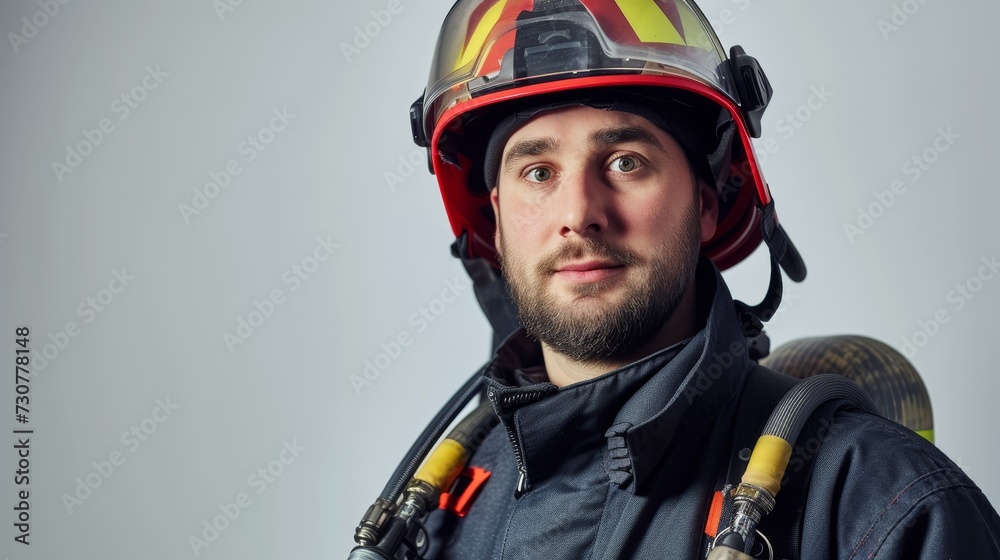 Determined firefighter in protective gear, helmet with visor, amidst gray background. Determined firefighter in protective gear, helmet with visor, amidst gray background.