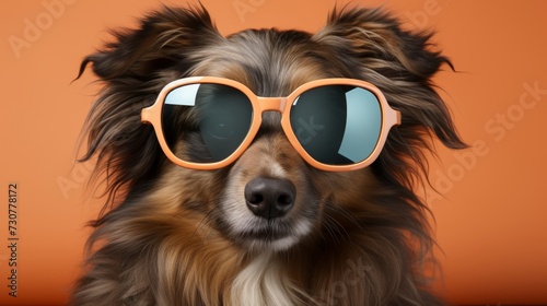 Red mongrel dog wears glasses, portrait on orange front view © Nikolai