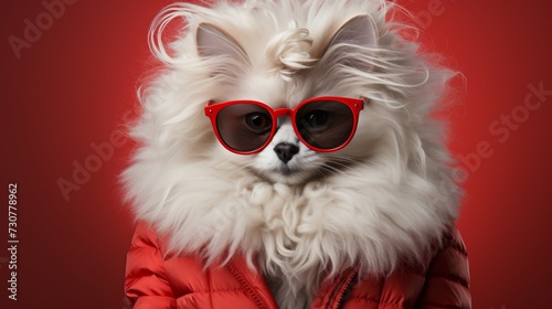 white fluffy dog with a funny hairstyle wears glasses and a jacket. A pet on a red , close portrait.