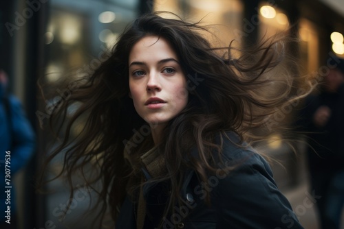 portrait of a beautiful young brunette woman with flying hair in the city.