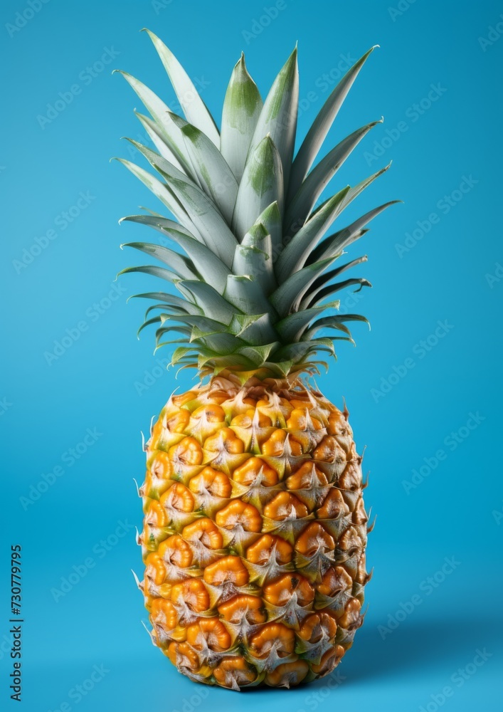 Fresh pineapple on a blue background. Generative AI.