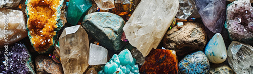 Close-up gemstones and crystals rough collection banner, including Amethyst, Quartz, Sodalite, Carnelian, Labradorite. Background for minerals store