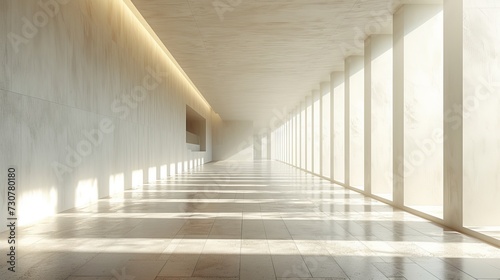 An empty white room with wooden floors is rendered in 3D. Stylish interior background.