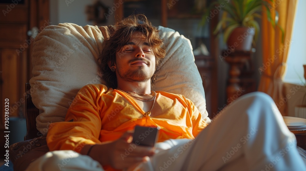 The image depicts a happy young indian man chatting with his girlfriend while relaxing at home, checking social media, using a mobile app, and taking a panorama with a copy space.