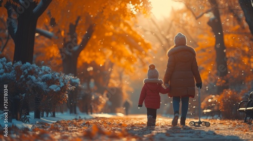 Senior woman walking with granddaughter wearing winter clothing. Elderly woman walking with daughter. Happy woman and smiling grandmother walking in autumn park.