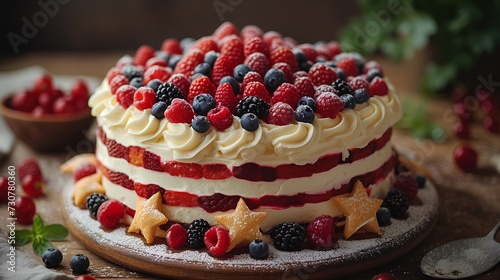 The cake is decorated with the colors of the American flag for American Day. AI generate illustration