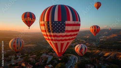 Hot air balloons adorned with American flags taking. AI generate illustration