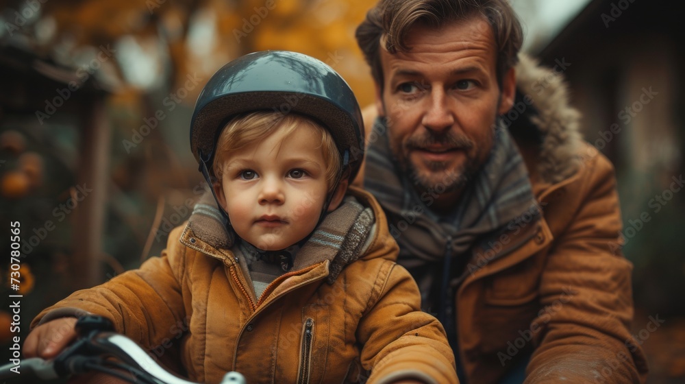 In his family garden, a proud father is showing his son how to ride his bicycle while wearing a helmet for safety. Active and supportive father encourages his child to ride his bicycle while outdoors.