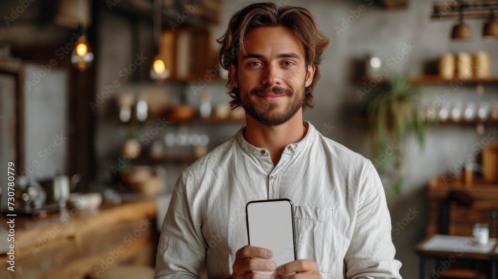 A cheerful, emotional man holds up a large blank cell phone, showing the white screen to the camera and pointing at you, recommending an application or mobile website, showing a mock-up banner. - obrazy, fototapety, plakaty 