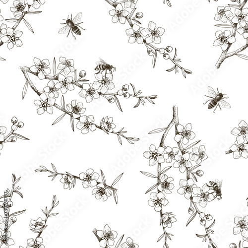 Seamless pattern with Wild Manuka Blossom and Bees