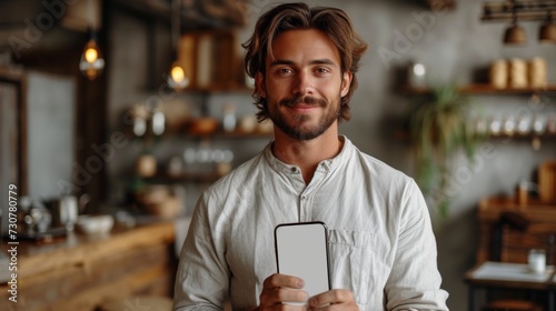 A cheerful, emotional man holds up a large blank cell phone, showing the white screen to the camera and pointing at you, recommending an application or mobile website, showing a mock-up banner.