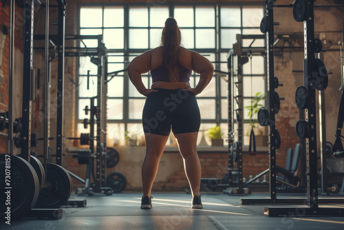 full-length photo of a plump, sweaty woman strenuously exercising in the gym with copy space