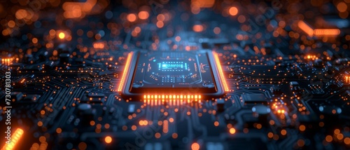 Close-up of a high-tech circuit board with lights