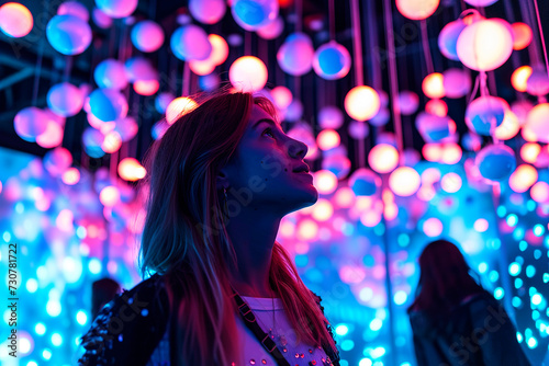 Young Woman Captivated by ceiling LED Lightscape. Hypnotic LED Lights Evoke Awe.
