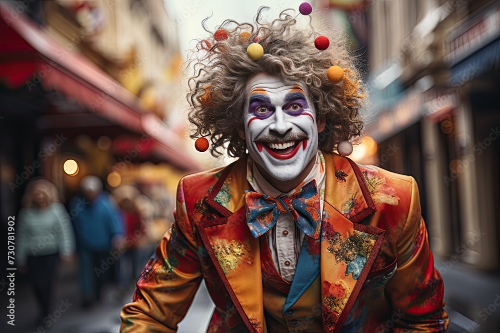 Funny laughing clown dressed in colorful clothes walking down the city street. Entertainment for children and adults, circus clown