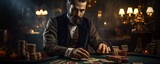 A dealer in a casino prepares a player's table for a game. Generative AI.