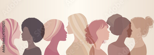 Silhouette of a group of multicultural women. International Women s Day. Concepts of diversity inclusion equality girl power and empowerment. Banner with copy space. Pink background