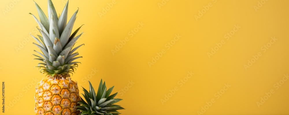 Fresh pineapple on a yellow background. Generative AI.