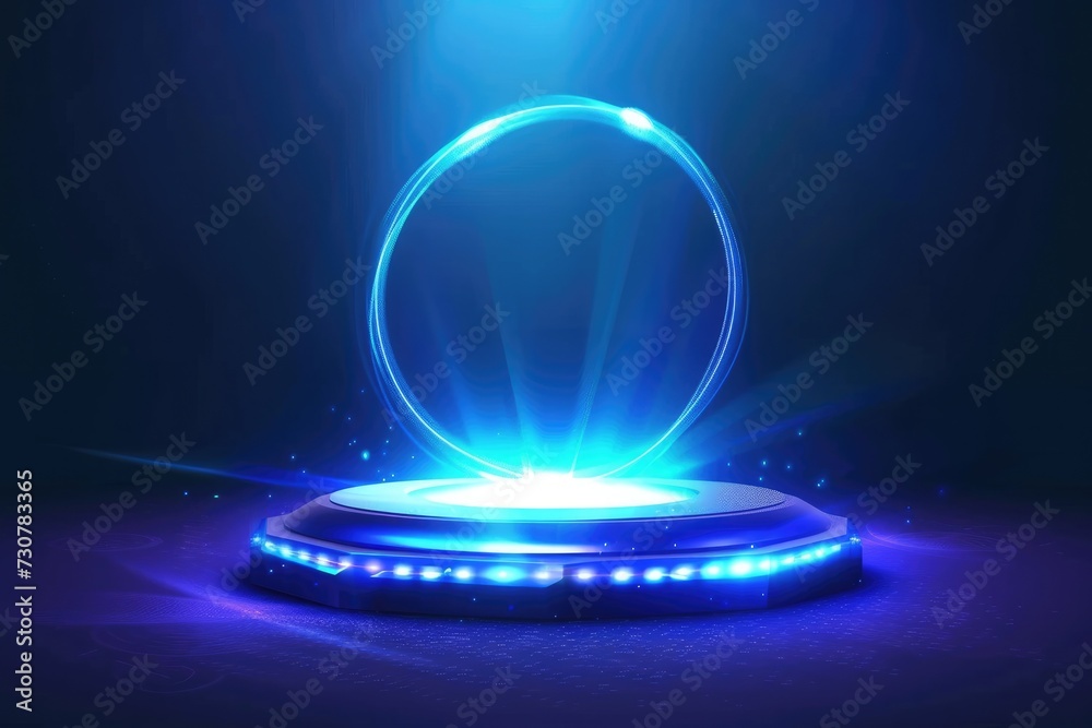 Hologram portal podium. Advertising concept. Generative AI Hologram portal podium. Advertising concept. Generative AI