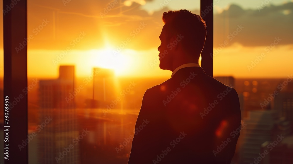 Sunset Ambitions: Silhouette of a Businessman Gazing at City Skyline