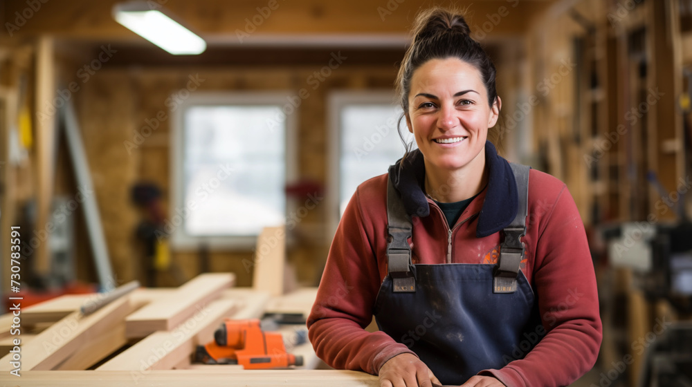 Obraz premium Female Carpenter doing woodworking in a workshop
