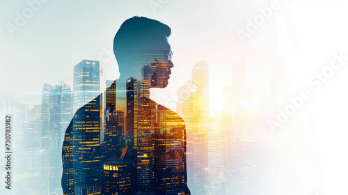 Double Exposure of Determined Businessman and Urban Cityscape at Sunset
