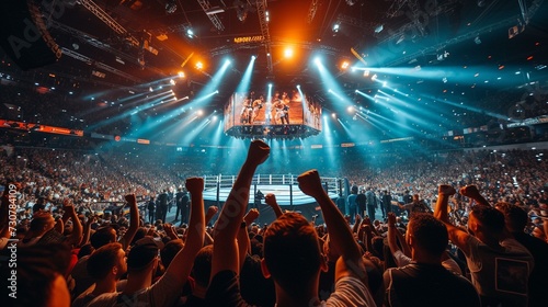 Fight Night Hype: Photograph the energy and excitement inside the arena as the crowd cheers and anticipates the start of a boxing match. ,[boxing photo