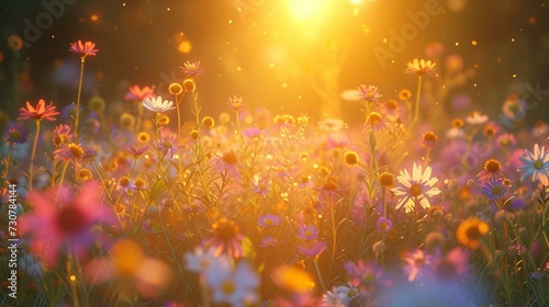 Honeycomb illuminated by warm sunlight in a field of wildflowers, [honeycomb day © Julia