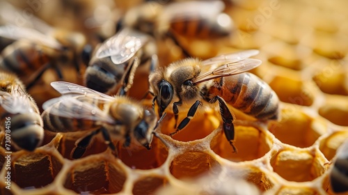 Macro shot of bees working on building a honeycomb, [honeycomb day © Julia