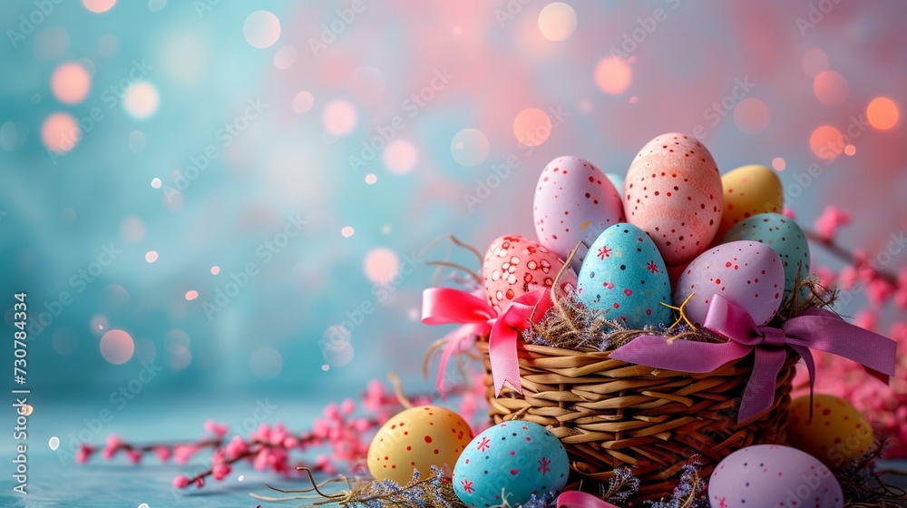 Vibrant Easter eggs arranged in a basket with colorful ribbons and bows on a lively banner, [Easter banner Easter basket pastel background for designer work