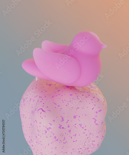Rubber paradise pink bird sitting on an abstract stone. Flora and fauna beautiful background. Fantastic nature. 3d render, 3d illustration.
