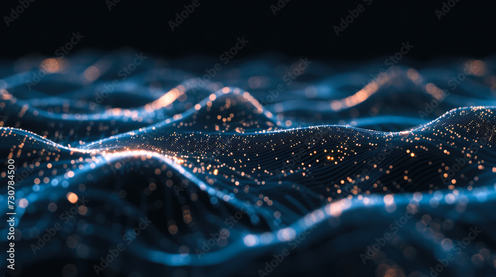 Dynamic Digital Landscape with Abstract Blue Particle Waves