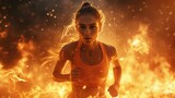A lady sprinting with flames behind her. Generative Ai.