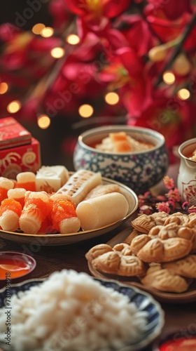 Close-up of tasty Chinese New Year treats  sweet rice cakes and almond cookies beautifully arranged on a festive table