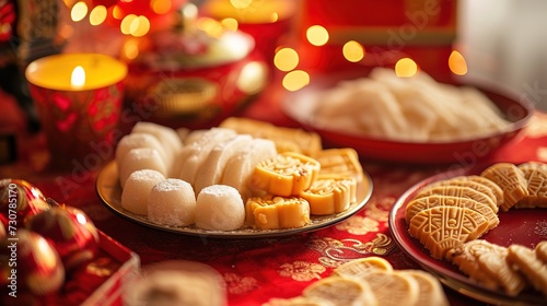 Close-up of tasty Chinese New Year treats, sweet rice cakes and almond cookies beautifully arranged on a festive table