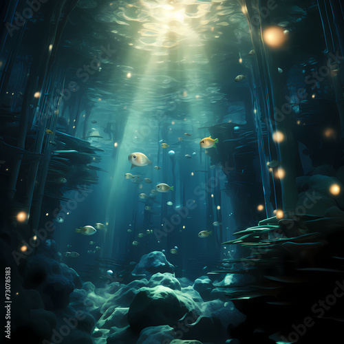 A surreal underwater scene with floating orbs of light