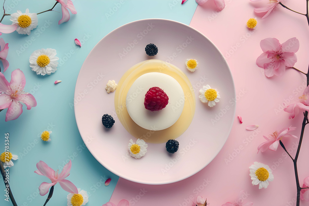 Simple floral cake, sweet dessert on a plate with flowers in the background, pastel colors dessert food Simple floral cake, sweet dessert on a plate with flowers in the background, pastel colors dessert food