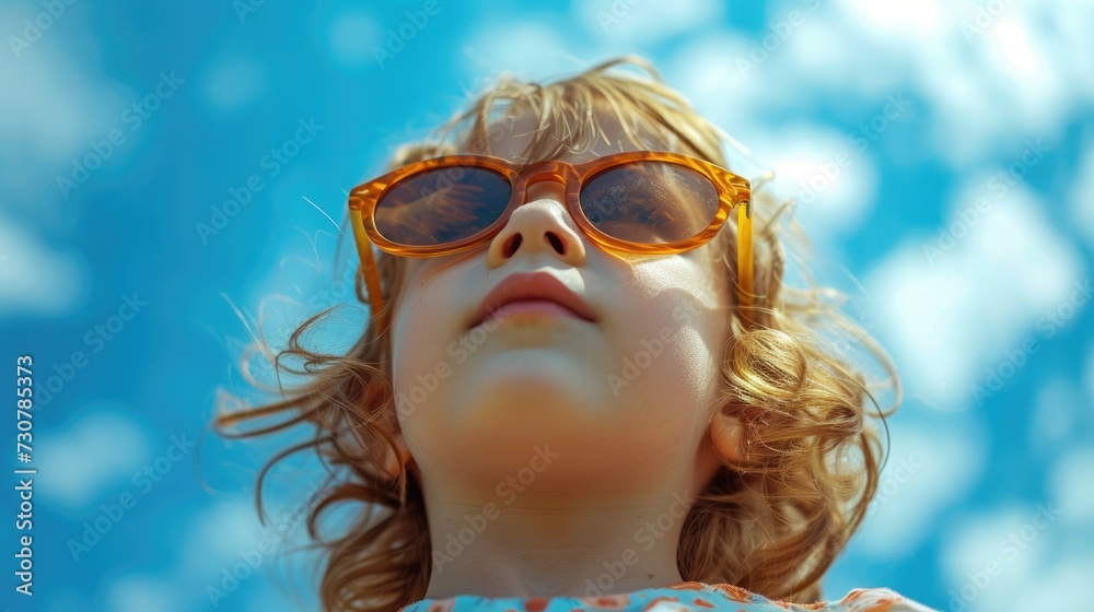 A little toddler wearing sunglasses up close. Generative Ai.