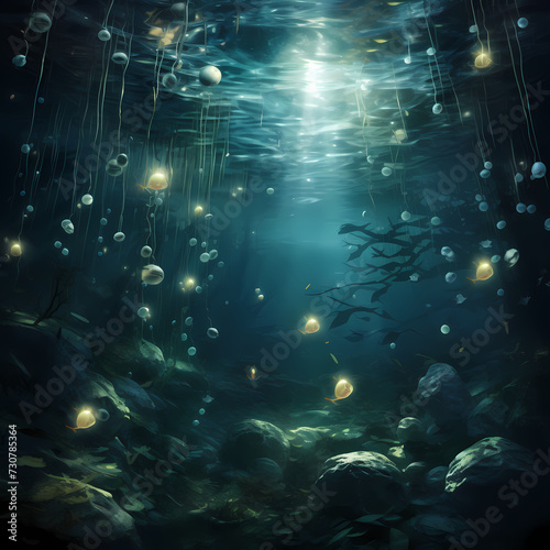 A surreal underwater scene with floating orbs of light