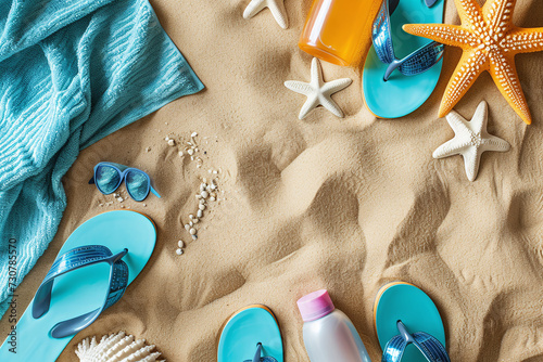 Summer Beach Vacation Accessories with Flip Flops and Sunscreen on Sandy Shore photo