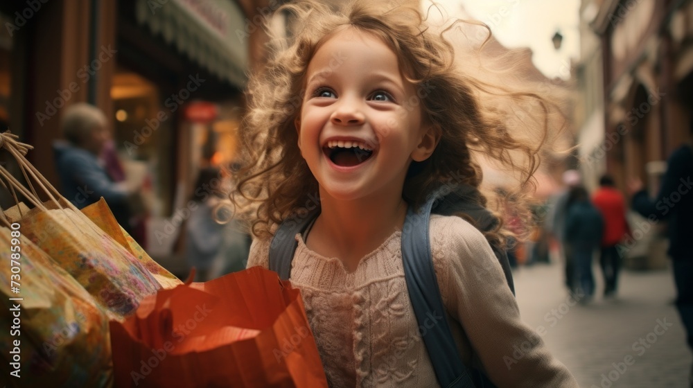 Close-up of a happy little girl with shopping bags going to the store. Positive emotions, Children's portrait shopping concepts. Close-up of a happy little girl with shopping bags going to the store. Positive emotions, Children's portrait shopping concepts.