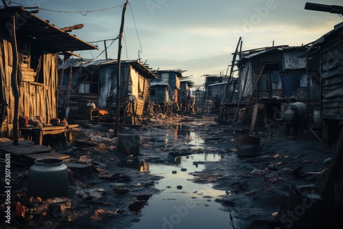 Fotografia Income inequality, a view of a slum with dilapidated shanty houses