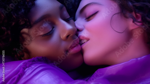 Close-up kiss between two multicultural women, fun, in purple-pink glow. photo