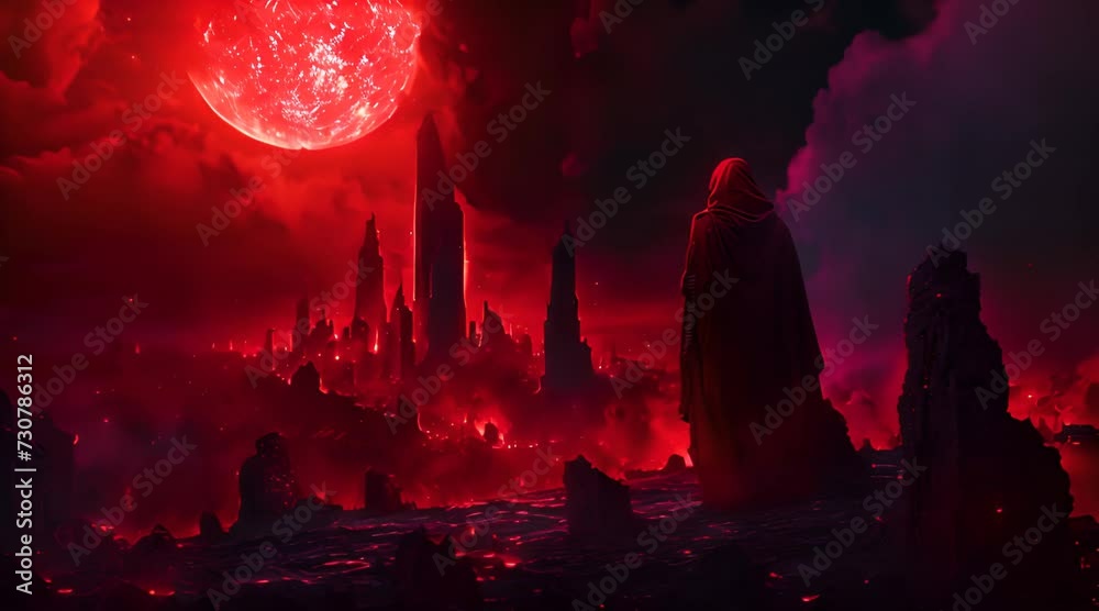 Hooded wayfarer examine the next city he visits as it is being illuminated by a red moon and engulfed with big clouds